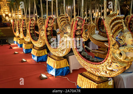 Ancient Thai music instrument and band are played by student in temple event at the night. Stock Photo