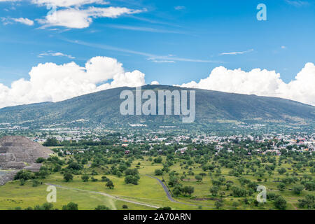 Aerial view of the green lands and mountains, view from the top of Pyramid of the Sun, the largest ruins of the architecturally significant Mesoameric Stock Photo