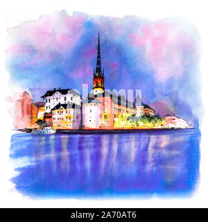 Watercolor sketch of Riddarholmen at night, Gamla Stan in the Old Town in Stockholm, the capital of Sweden Stock Photo
