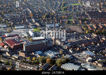 Aerial view of Dixon's Chimney, part of Shaddon Mill, in Carlisle. The scene of an untimely death on the 28th October 2019. Stock Photo