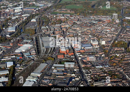 aerial view of Carlisle city centre from the south east looking up the A6 London Road, Carlisle, Cumbria, UK Stock Photo