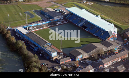 aerial view of Carlisle United FC Brunton Park stadium football ground, Cumbria, UK Stock Photo