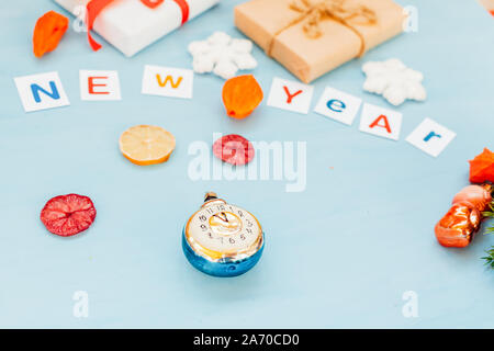 Christmas new year happy winter holiday gifts postcard Stock Photo