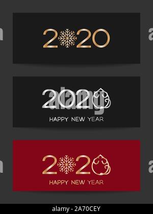 new year 2020 banner collection for chinese year of the rat, with stylized rat or mouse icon and snowflake, vector flat illustration for christmas and Stock Vector
