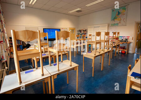 Empty schoolclass of an elementary school with chairs on the tables Stock Photo