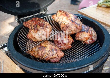 Pieces of meat in a barbeque Stock Photo