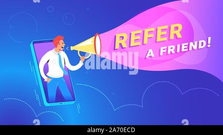 Refer a friend concept vector illustration of happy manager shouting on megaphone to invite new customers from mobile app. Bright gradient design for Stock Vector