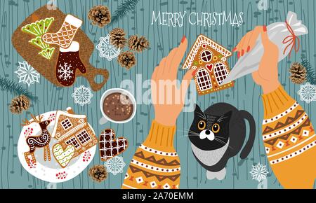 Preparing for Christmas and New Year. Cute flat vector illustration - hands with a pastry bag decorate gingerbread cookies with icing and cat watching Stock Vector