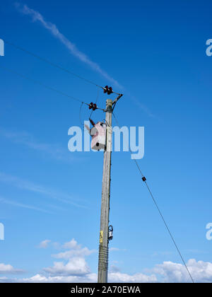 Transformer on an electricity pole at  the view point at the Sutors of Cromarty. 23/09/19 Stock Photo