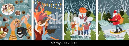 Set of vector christmas cards with gingerbread cookies, children making a snowman, dancing people and santa claus skiing in the forest . Cute flat Stock Vector