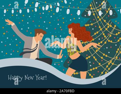 People dancing at the Christmas tree at a corporate party. Greeting card with a couple celebrating New Year. Cute vector flat illustration. Stock Vector