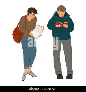 Isolated reading people . Hand draw Boys with interesting book. Vector flat illustration isolated on white background. Stock Vector