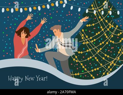 People dancing at the Christmas tree at a corporate party. Greeting card with a man and woman celebrating New Year. Cute vector flat illustration. Stock Vector