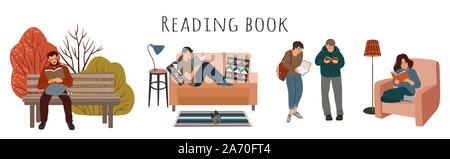 Set of cartoon people reading a book - at home, in an armchair, on a sofa, on the street in public places. Cute vector flat illustration isolated on Stock Vector