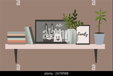 Wall shelf for a Scandinavian-style living room interior with flower pots, books and paintings. Vector flat illustration. Stock Vector