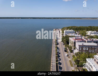 Aerial rooftop view of the historic district and waterfront of Charleston, South Carolina, USA. Stock Photo