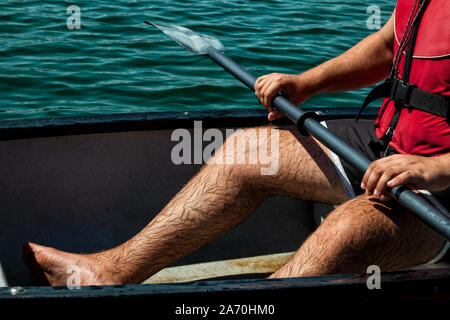 Man kayaking on the zezere river. Close up. Stock Photo