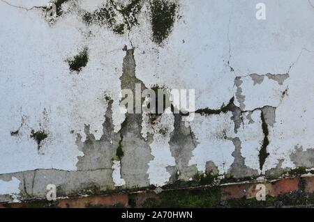 Cracked Broken Destroyed Weathered Plaster Paint on Exterior White Wall Stock Photo