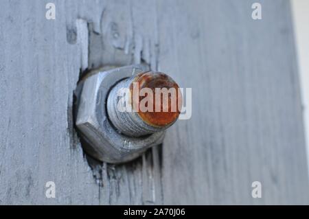 Rusty Red Bolt and Nut on a White Wooden Wall Stock Photo