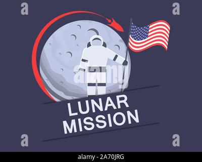 Lunar mission. Astronaut with american flag on the moon. Rocket flying around the moon. Vector illustration Stock Vector