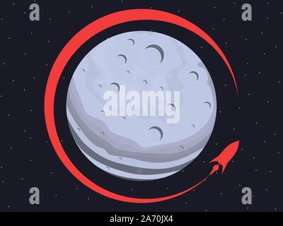 Lunar mission. Rocket flying around the moon. Earth satellite. Vector illustration Stock Vector