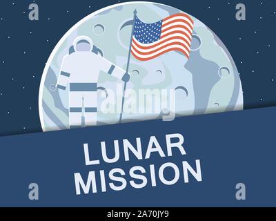 Lunar mission. Astronaut with american flag on the moon. Vector illustration Stock Vector