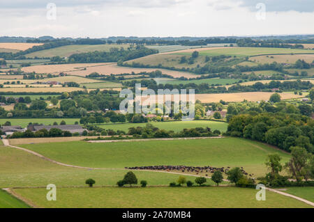 Far reaching views over the Hampshire countryside from South Downs Way near Beacon Hill National Nature Reserve east of Winchester, England. Stock Photo