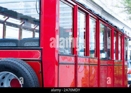 detail of a vintage empty  red tram. old style transport. turistic bus Stock Photo