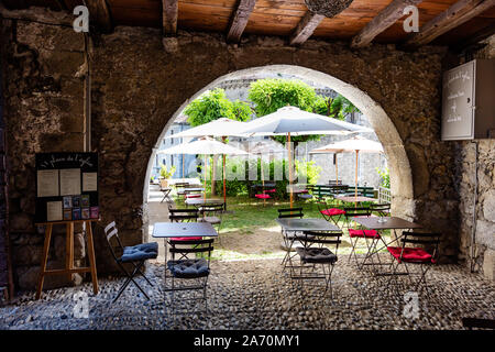 29 June 2019, Bar restaurant - 11 place of the church - in the village of Saint Lizier in the department of Ariège, Pyrenees, Occitanie, France Stock Photo