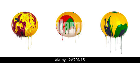 three balls covered with paint. multi-colored paint flows down from a ball isolated on a white background Stock Photo