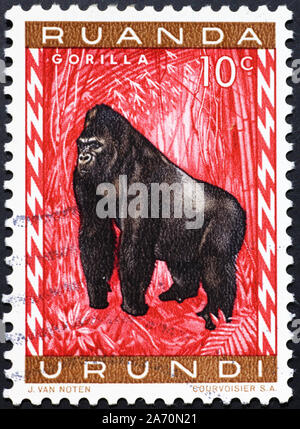 Gorilla on postage stamp of Ruanda Stock Photo