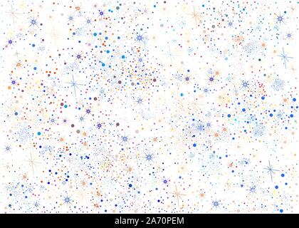 Seamless Colorful Pattern with differently colored dots and stars on white. Abstract Confetti seamless Pattern. Chaotic Geometric Texture. Messy and I Stock Vector