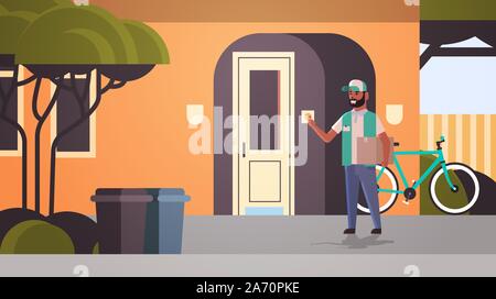 courier man delivering cardboard parcel ringing house doorbell express delivery service concept horizontal full length flat vector illustration Stock Vector