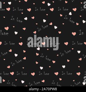 Cute seamless background with hearts and In love written words on black background. Saint Valentine's Day. Vector Illustration Stock Vector