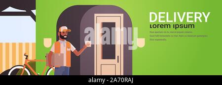 african american courier man delivering cardboard parcel ringing house doorbell express delivery service concept horizontal full length flat copy space vector illustration Stock Vector