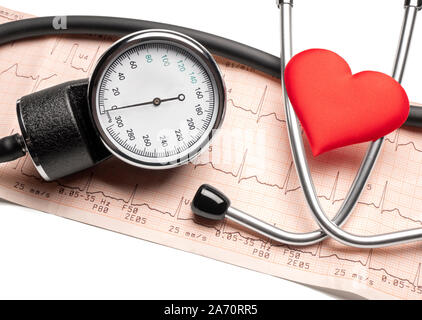 Cardiogram chart with red heart and stethoscope Stock Photo