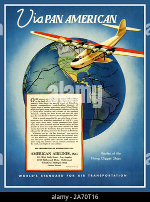 Vintage American 1930's Airline Poster retro Pan American Flying Clipper Ships global flying routes in a M-130 Flying Clipper Ship Sea Plane. The worlds standard for air transportation. USA America Stock Photo