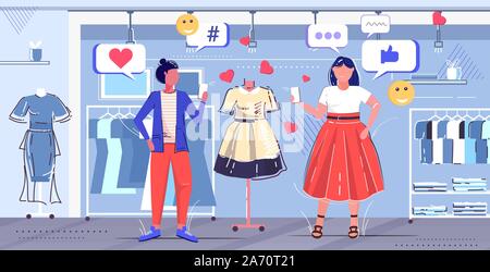 girls couple choosing new dress women customers using online mobile app social media network concept modern fashion boutique interior sketch full length horizontal vector illustration Stock Vector
