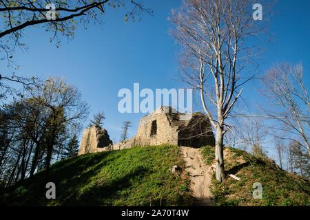 Ruins of the castle and blue sky. Lanckorona, Poland. Stock Photo