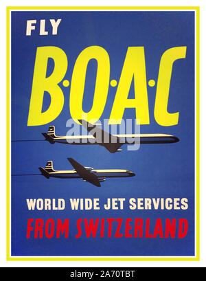 BOAC 1950’s Vintage UK Airline Poster Advertisement BOAC, 1959, world wide jet services from Switzerland Stock Photo