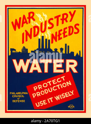 Vintage WW2 American Propaganda information Poster USA ’War industry needs water’ Poster promoting conservation of water for the war effort. Jan 21 1943. Artist: Glenn Pearce.; Sponsored by Philadelphia Council of Defense. 1942/1943 Stock Photo