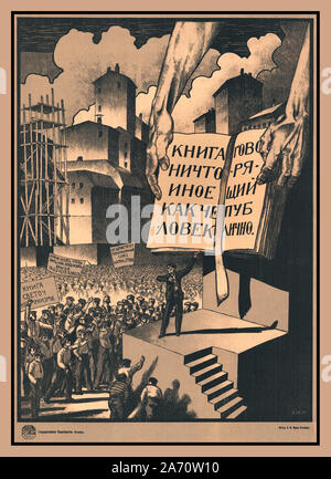 Vintage 1920 SOVIET POSTER Russian Propaganda Poster promoting printed propaganda and literacy during the October Revolution, made by Russian artist Ivan Simakov. On December 1, 1919 the ruling body adopted a decree “On illiteracy elimination in the Soviet Federative Socialist Republic”,  'Book Is Nothing Else but an Individual Speaking out Loud'  Peterburg [Petrograd], 1920. Poster by  SIMAKOV Saint Petersburg (State Publishing House)- A. F. Marks 1920. Lithograph Stock Photo