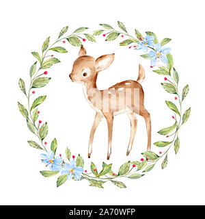 Cute Watercolor Baby Deer surrounded by wild forest plants wreath. Full Profile Baby Deer over white. Isolated. Nursery print of Forest Animals for Stock Photo