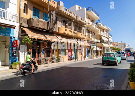 Malia, Crete, Greece. October 2019. A landscape view of properties on the main street in Malia, Crete Stock Photo