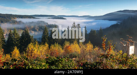 View to theTitisee in morning mist, with hills, Titisee-Neustadt, Black Forest, Baden-Wurtemberg, Germany Stock Photo