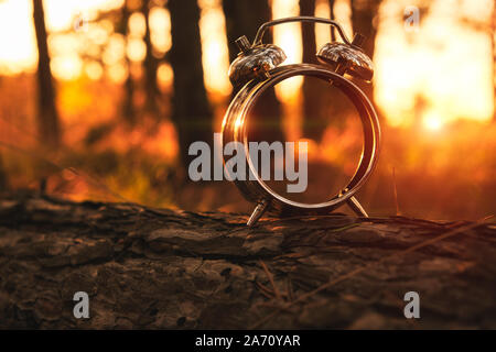 Clock, alarm clock on the background of a forest fire or a bright sunset. Stock Photo