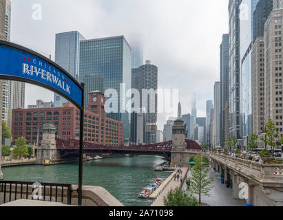 Chicago Riverwalk from Wells Street Bridge on the Chicago River, Chicago, Illinois, USA Stock Photo