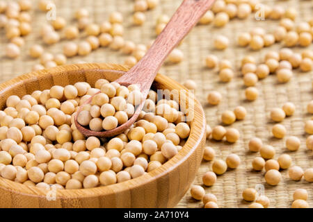 Close uo of a wooden bowl full of delicious soybeans Stock Photo