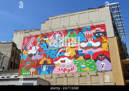 KYIV, UKRAINE - MAY 18, 2019: Unique mural in the center of the capital, created by the contemporary artist Egle Zvirblyte on Mikhailovskaya Street, 7 Stock Photo