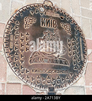KYIV, UKRAINE- MAY 18, 2019:Top view of beautiful sewer hatch Stock Photo